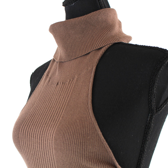 Aya Muse Loma Brown Rib Knit Cold Shoulder Turtleneck Dress M NEW Open Back Midi - Picture 4 of 8